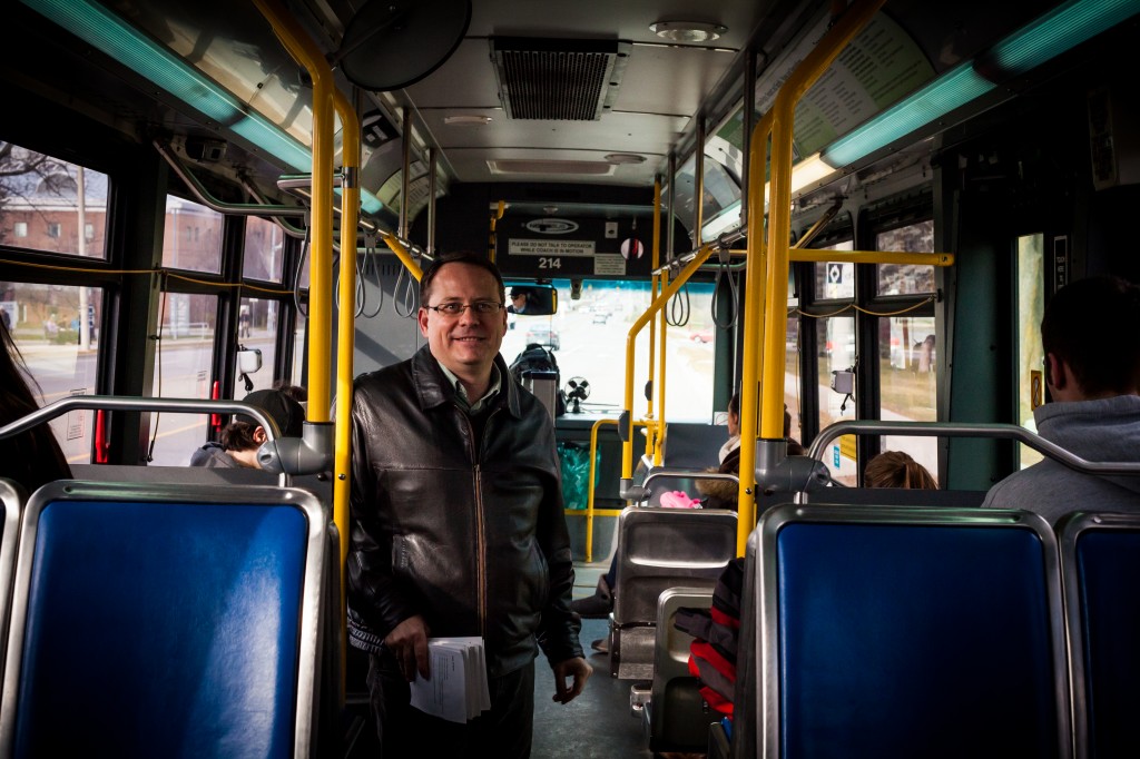 Ontario Green Party Leader Mike Schreiner taking a bus, because no one knows who he is.Mike Schreiner
